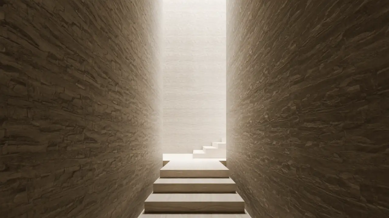 A travertine stair rising toward a slot of light