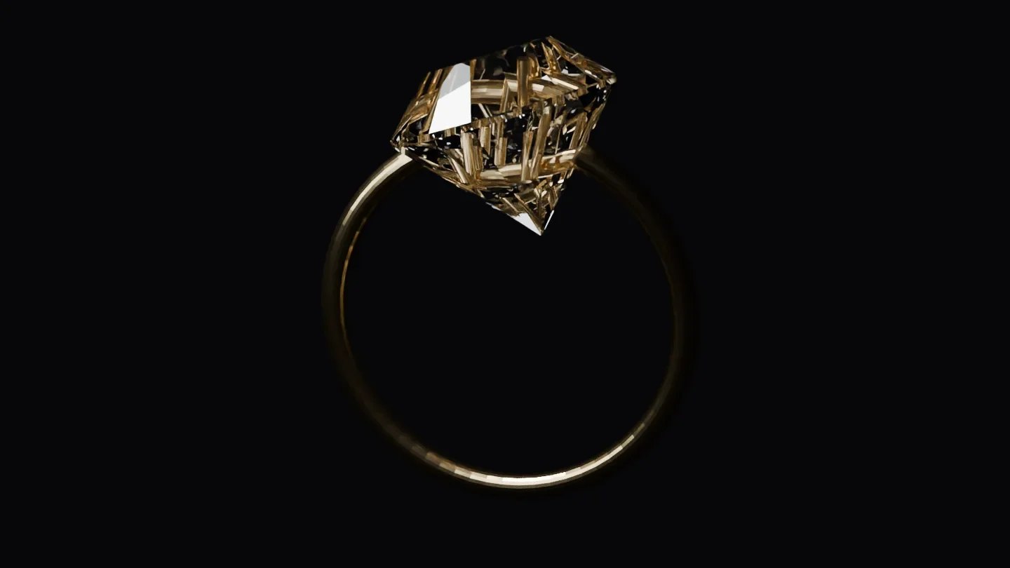 A cut diamond set into a gold ring on black, the last frame of the scroll film we rendered