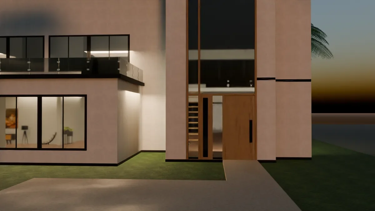 A modern two storey villa at dusk, a frame of the scroll film we rendered